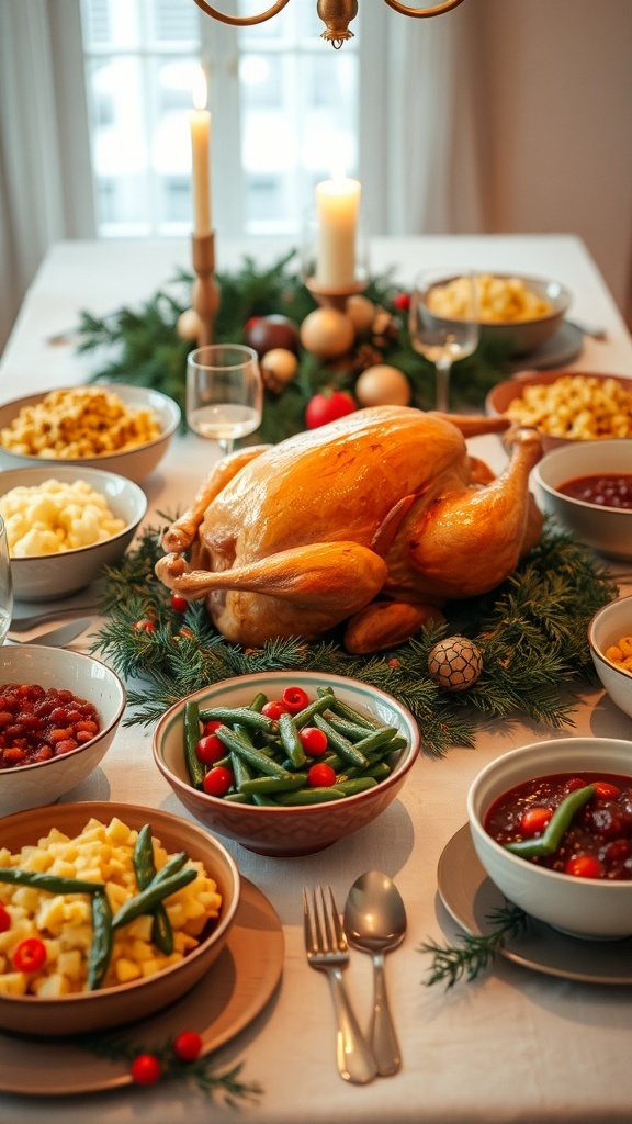 Traditional Christmas Dinner Recipes A festive Christmas dinner table with roasted turkey, mashed potatoes, green beans, and cranberry sauce.